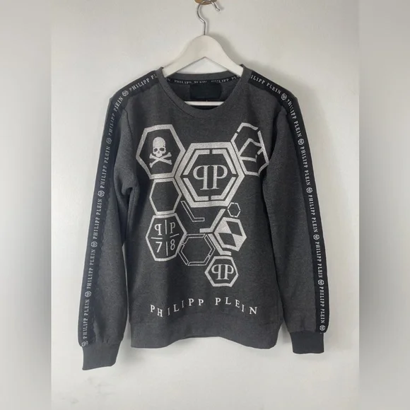 Philipp Plein Womens Sweater Small Skull Beaded Sweatshirt Pullover Gray N91 - Picture 1 of 8